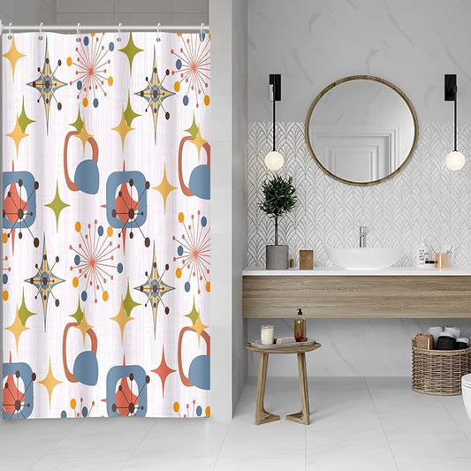Mid Century Shower Curtain, 48x72inch, Modern Abstract Retro Pink Striped Geometric Shower Curtain Sets 1950s Boho Bathroom Shower Curtain with 8 Hooks