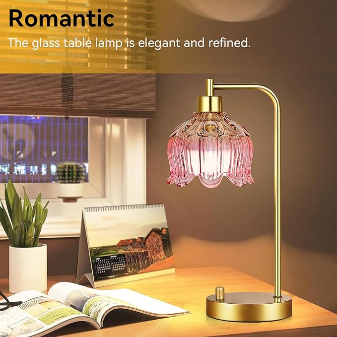 Pink Table Lamp Set of 2,Small Gold Bedside Lamps Dimmable Boho Bedroom Lamp with Tulip Flower Glass Lamp Shade,Vintage Mid Century Modern Mini Nightstand Lamp for Bedroom Living Room