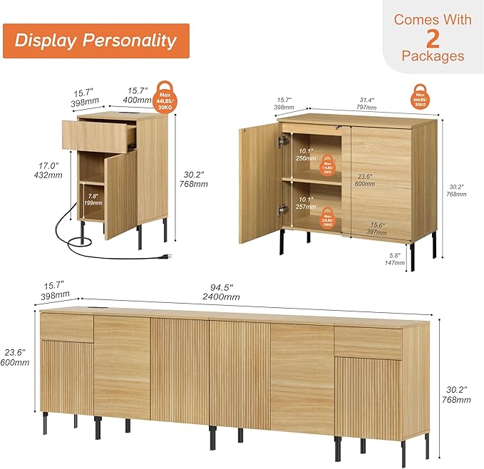 WAMPAT 94.5" Buffet Sideboard Cabinet with 2 Drawers & 6 Doors,4-in-1 Fluted Storage Credenza with Charging Station,Modern Buffet Table Coffee Bar Wine Bar Cabinet for Dining Room, Living Room,Oak