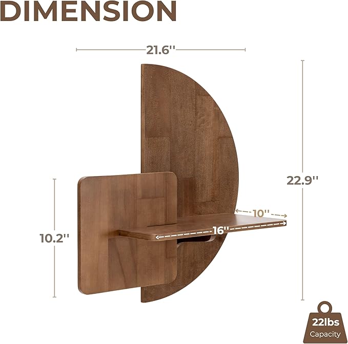 Behomes Soluna Solid Wood Floating Nightstand, Wall Mounted Nightstand, Floating Bedside Table for Bedroom and Living Room, Modern Rustic Wooden Night Stand, Small Floating Shelf for Wall, Walnut