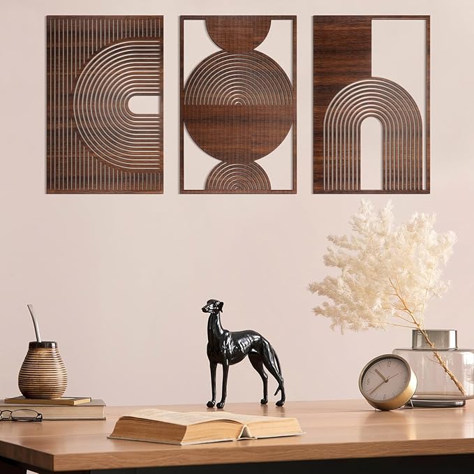 Yerliker 3 Pcs Mid Century Modern Wood Wall Art Decorations 3D Geometric Abstract Wall Sculpture for Living Room Bedroom Office Minimalist Aesthetic(Mid-century,15.75 x 15.75 x 1.97 Inch)