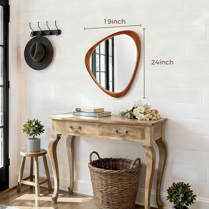 Asymmetrical Mirror, 24"x19" Unique Irregular Wall Mirror, Wood Mid Century Modern Mirror Decor for Bathroom Bedroom Living Room Entryway Hallway (Natural Wood)