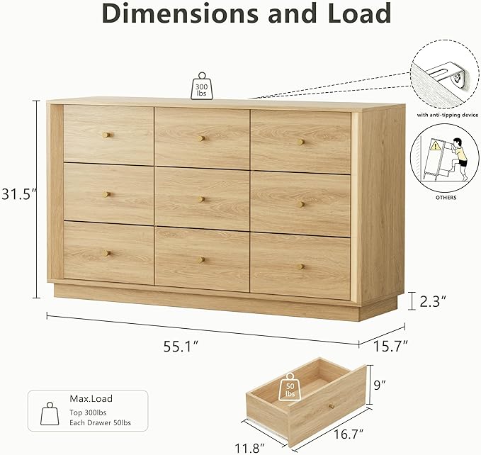 9 Drawer Dresser, Mid Century Modern Dresser with Storage, 55" Wide Chest of Drawers with Wood Grain Texture, Dressers TV Stand for Bedroom, Living Room, Hallway, Gold Oak