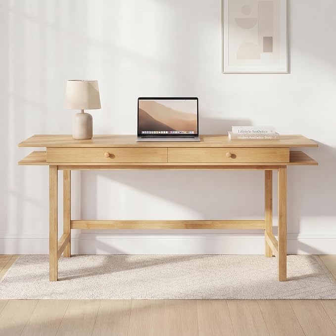 Double-Top Solid Wood Desk - 60-Inch Mid-Century Modern Writing Table with Drawers for Home Office, Study, and Creation, Rubberwood Computer Desk in Honey Oak