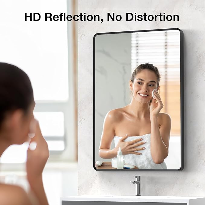 24x36 inch Black Bathroom Mirror, Metal Framed Rounded Rectangle Wall Mount Vanity Mirror, HD Tempered Glass, Aluminum Frame, Horizontal or Vertical Hanging, Modern Home Decor