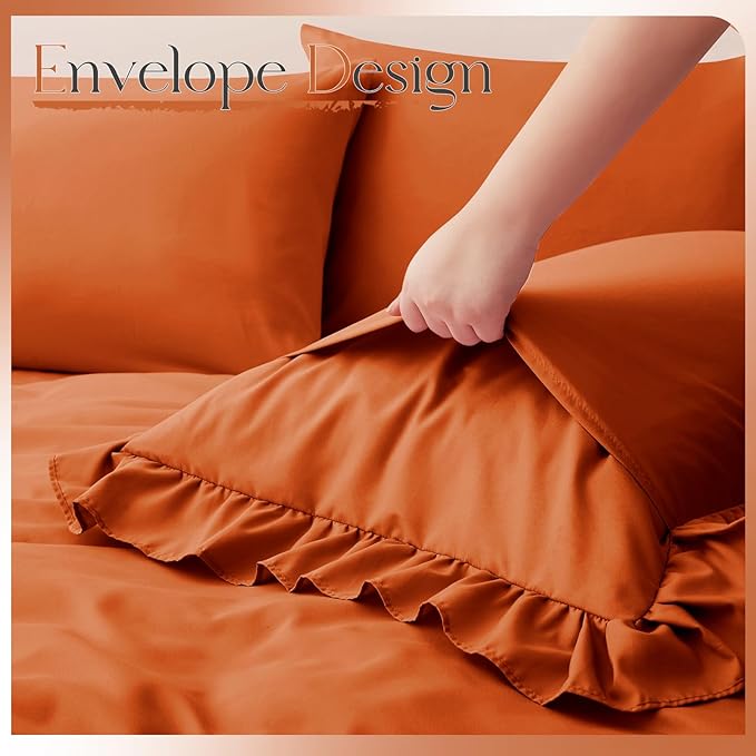 Horbaunal Burnt Orange Ruffle Sheets King Size 6 Piece, Fits 16" Deep Mattress, Microfiber Orange King Sheets with 2 Ruffled Pillowcases, Shabby Chic Bed Sheet Set