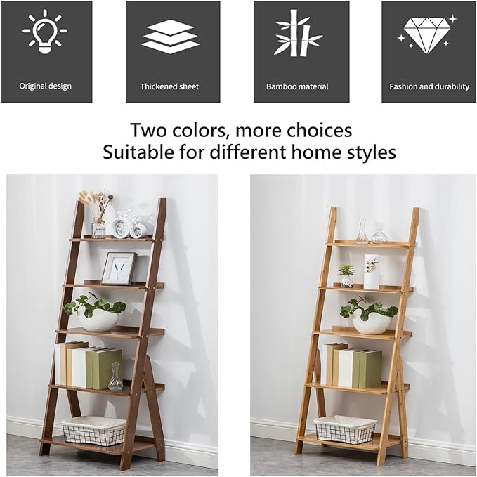 Ladder Shelf, 5-Tier Leaning Shelf, Free Standing Organizer Storage Shelves, Storage Rack Shelf for Office, Living Room, Nature