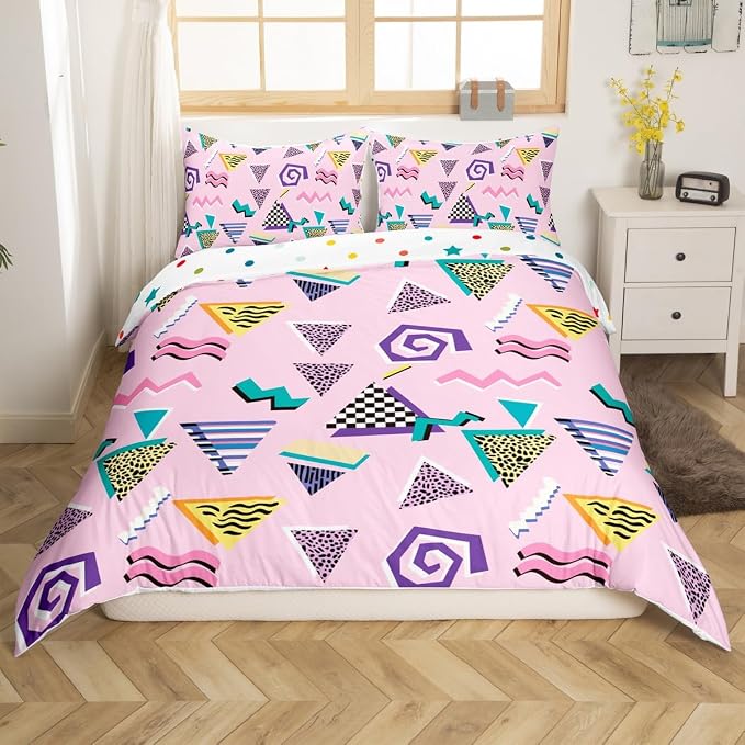 Erosebridal Geometric Duvet Cover 80s and 90s Hip Hop Bedding Set,Hipster Funky Comforter Cover Eighties Fashion Style Queen Bed Set,Leopard Print Triangle Shapes Artwork 1990S Memphis Home Decor