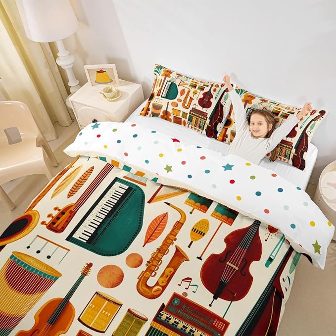 Erosebridal Retro Music Comforter Cover Full for Kids Adults - Vintage Music Bedding Set Mid Century Musical Instruments Duvet Cover,Trendy Boho Jazz Instrument Bed Set