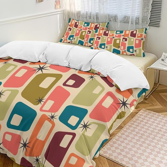 Modern Mid Century Duvet Cover Queen Retro Atomic Bedding Set, Rainbow Grid Comforter Cover Vintage Fifties 1950s Bed Set，Abstract Art Bedding 3 Piece (1 Duvet Cover 102"x90" + 2 Pillow Sham 20"x30")