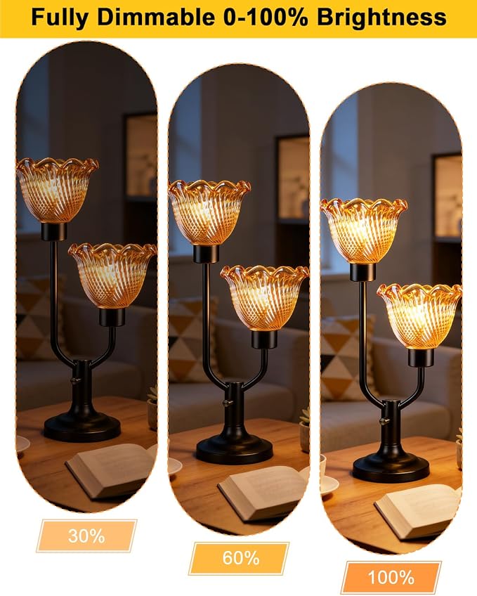Lightdot Vintage Table Lamp for Living Room Dimmable Mid Century Modern Desk Lamp Flower Amber Glass Black Nightstand Lamp 2 Bulbs Included Warmwhite Ambient Bedside Lamp for Bedroom Home Office Decor