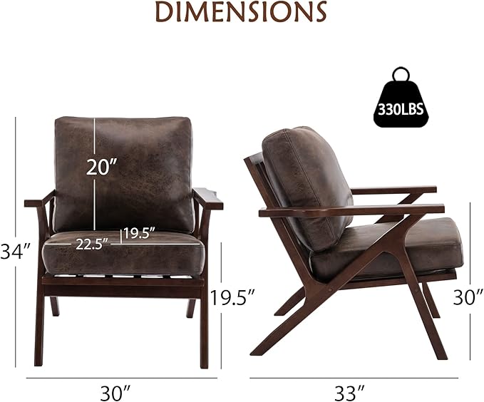 Bonzy Home Accent Chairs for Living Room,PU Leather Mid Century Modern Wood Reading Armchair with Removable Upholstered Cushions