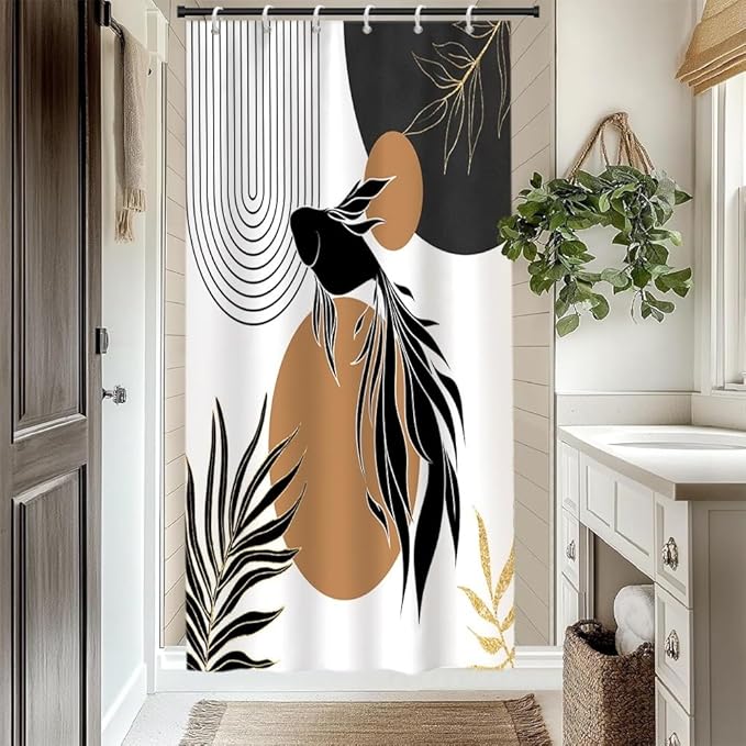 Boho Abstract Goldfish Shower Curtain Modern Abstract Minimalist Neutral Bathroom Decor Arch Sun Black Gold Leaf Chic Aesthetic Bath Curtains Washable Waterproof Polyester Fabric with Hooks 36x72 Inch