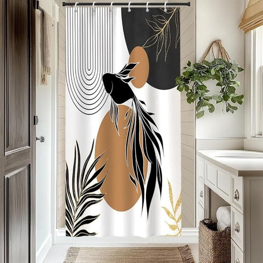Boho Abstract Goldfish Shower Curtain Modern Abstract Minimalist Neutral Bathroom Decor Arch Sun Black Gold Leaf Chic Aesthetic Bath Curtains Washable Waterproof Polyester Fabric with Hooks 36x72 Inch