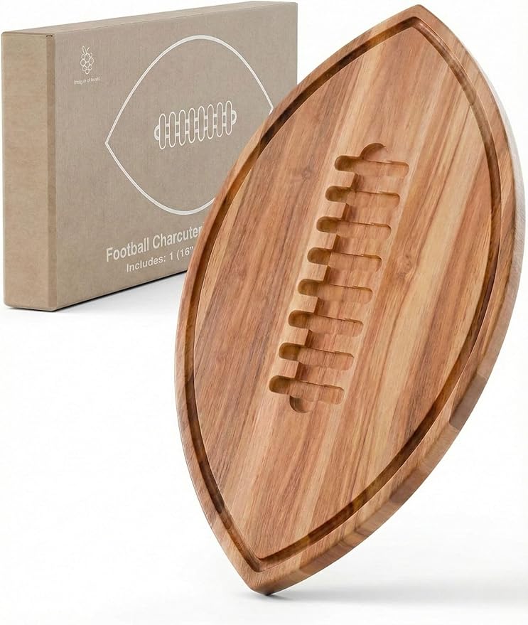Football Shaped Cutting Board – 16X9.5 INCH – Acacia Wood Charcuterie Tray – Wooden Football Serving Platter for Super Bowl Parties, Tailgate Hosting & Gifts