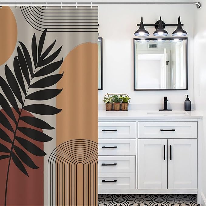Boho Mid Century Shower Curtain, Sun Brown Leaves Rainbow Color Blocks Modern Artistic Waterproof Shower Curtains for Bathroom Decor 12 Pack Hooks 55x72in（140x183cm）