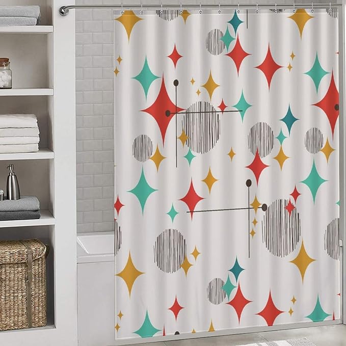 Mid Century Modern Shower Curtain,Atomic Starburst Geometric Diamond Pattern Shower Curtains Set for Bathroom Fabric Decorative Bath Curtain Washable Curtain Hooks, 72x72 inch