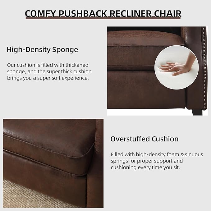 Push Back Recliner Chair Faux Leather Pushback Armchair with Rivet Decoration Wingback Single Sofa Chair with Padded Seat Solid Wood Legs for Living Room, Comfy Upholstered, Reddish Brown