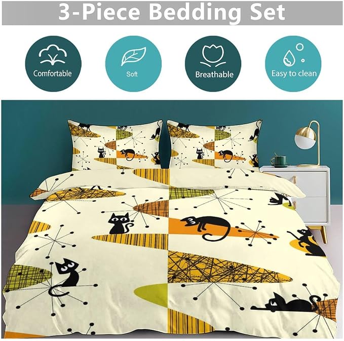 Geometry Modern Comforter Set,Mid Century Black Cat Abstract Atomic Geometric Vintage 1950s 1960s Pattern Print Yellow Bedding Set with Pillowcase for Bedroom Bed Decor,Full 79"x90"