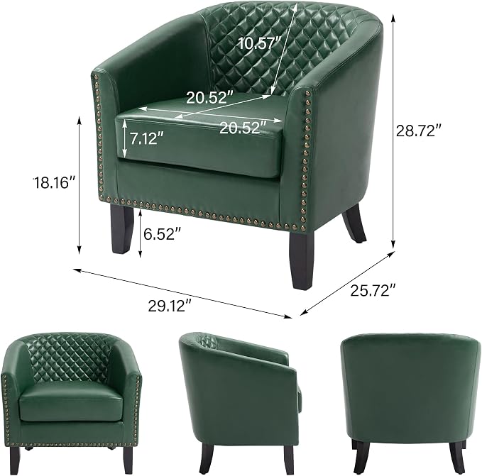 Accent Barrel Chair, Upholstered Faux Leather Club Chair with Nailed Trim, Comfy Reading Armchair for Living Room Bedroom Reception Room Office (Dark Green, Set of 4)