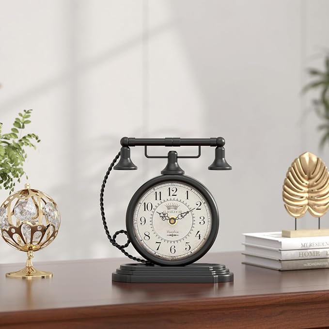 Vintage Table Clock, Desk and Shelf Decor Clock, Black Antique Telephone Style Mantel Clocks, for Living Room, Farmhouse, Bedroom, Bedside, Gift (7.3" H x 7.3" W)