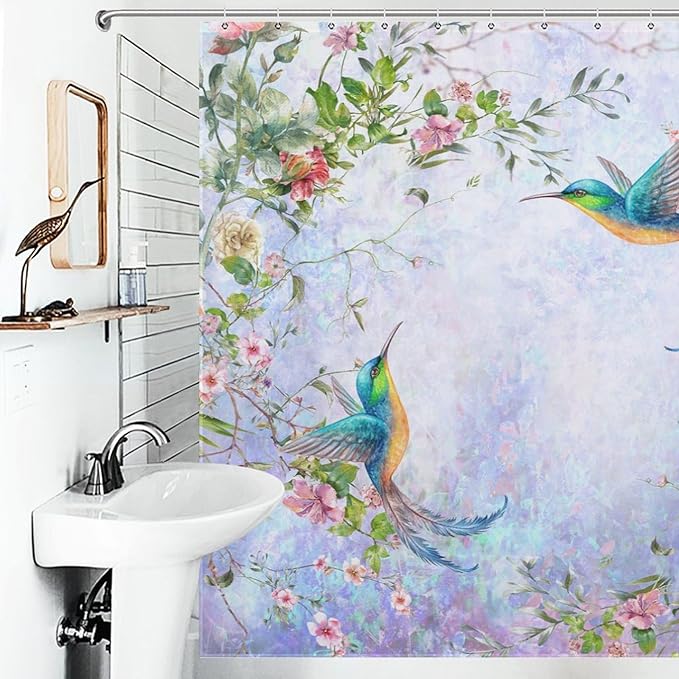 Hummingbird Flower Shower Curtain for Girls,Purple Watercolor Floral Bird Nature Plant Waterproof Shower Curtains for Bathroom Decor 12 Pack Hooks 72x72in (183x183cm)