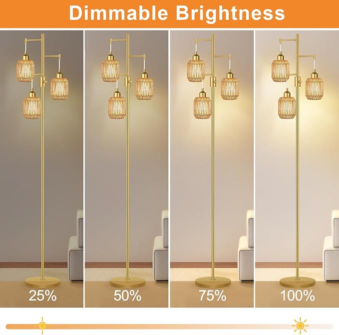 ZECOXOL Boho Floor Lamp for Living Room Bedroom-3 Light Dimmable Floor Lamp with Three Led Bulb & 3 Color Temperatures, Rustic Tall Lamp Gold Standing Lamp Tree Floor Lamps for Living Room