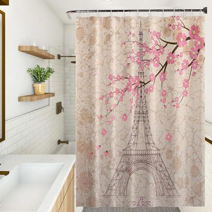 Paris Eiffel Tower Shower Curtain Pink Cherry Blossom Vintage Romantic France Scenery Shower Curtains Bathroom Accessories Waterproof Polyester Fabric with Hooks, 65 x 72 Inch