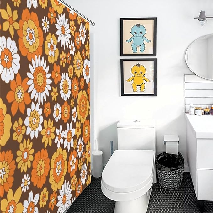 Groovy Floral Shower Curtain for Bathroom,Rustic Hippie Orange 70s Daisy Floral Flower Cute Boho Funky Trippy Vintage Waterproof Fabric Shower Curtain Set with Hooks, 72"x72"