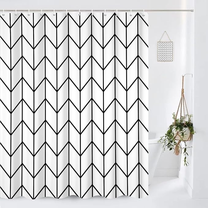 Boho Herringbone Shower Curtains Black White Zig Zag Geometric Bathroom Curtain Minimalist Abstract Polyester Shower Curtain Sets for Bathroom Extra Long 72x72 in with 12 Hooks
