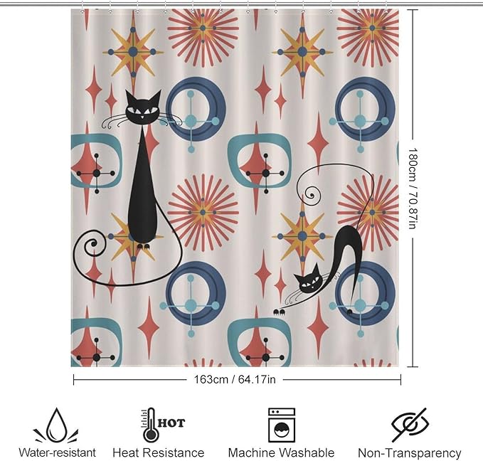 Mid Century Black Cat Shower Curtain,Modern Atomic Retro Abstract Geometric 60s 70s Iconic Decor Fabric Bathroom Curtain with Hook 66x72in（168x183cm）