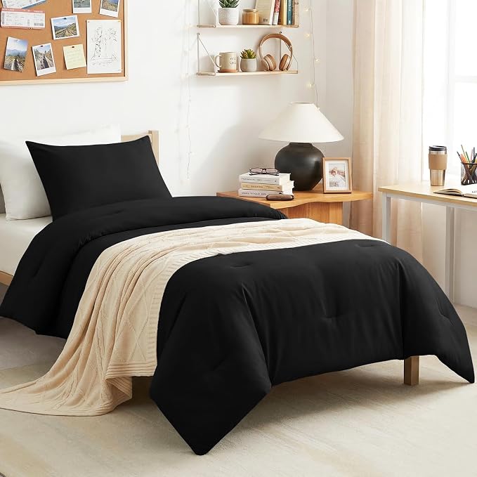 CozyLux Twin Comforter Set College Dorm Essentials, 2 Pieces Black Twin Extra Long Solid Bedding Sets, Twin XL Bed Set with Down Alternative Comforter and 1 Pillowcase, Back to School Room Gift