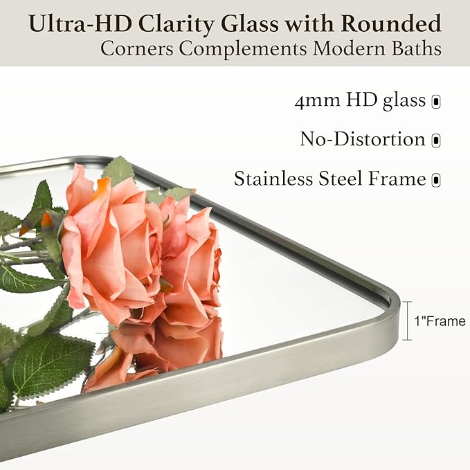 Bathroom Mirror Brushed Nickel, 24 x 32 Inch Metal Frame Rectangle Mirror Rounded Silver Modern Vanity Mirror Anti-Rust for Bathroom, Farmhouse Wall Mounted Vertically/Horizontally
