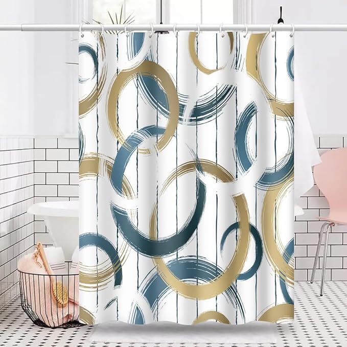 Abstract Geometric Shower Curtains Blue Brown Circle Round Pattern Polyester Fabric Bath Curtains Waterproof for Modern Bathroom Decor Set with Hooks, 65W x 72H Inch