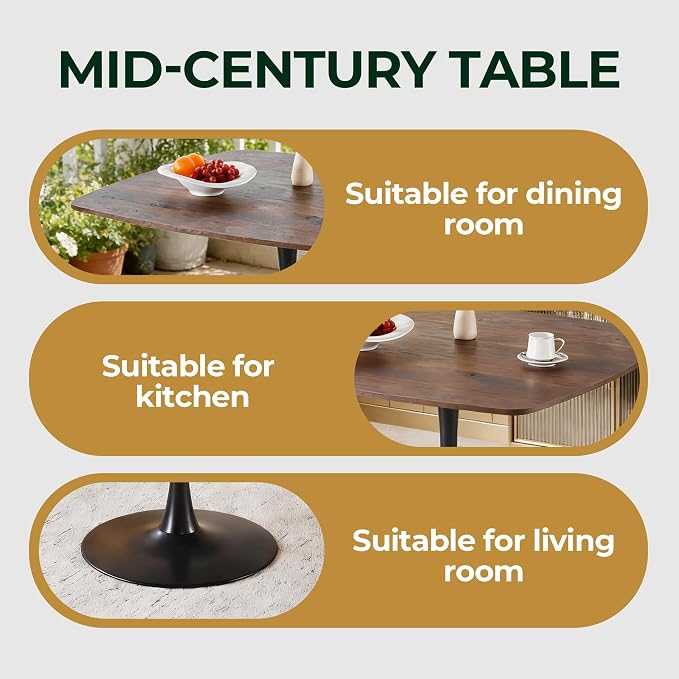 42 Inch Walnut Square Dining Table for 4-6 Person,Mid-Century Brown Tulip Table Kitchen Dining Table with MDF Tabletop and Pedestal Base for Home Kitchen
