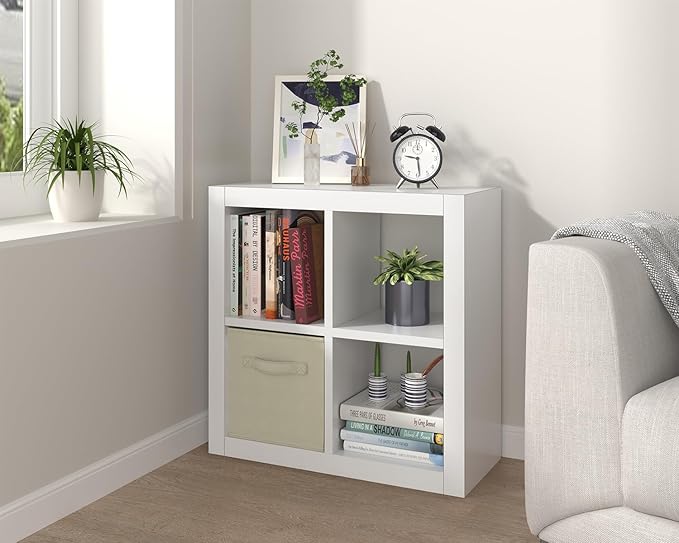 furtble Bookshelf with Storage Bin, 4-Cube Storage Organizer, Modern Wood Open Bookcase, Multifunctional Display Shelf for Living Room, Bedroom, Home Office, White