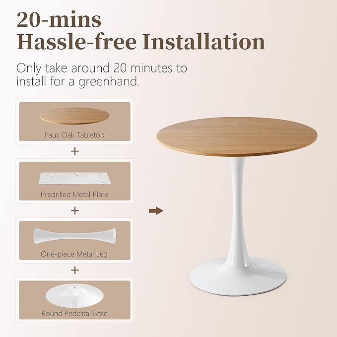 31.5 Inch Round Dining Table,Mid-Century Tulip Table with Metal Pedestal Base,Modern Leisure Table for Small Space Kitchen Dining Room,Easy Assembly,White and Oak