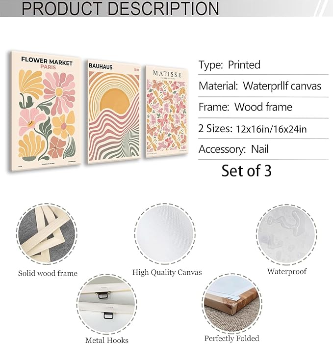 BingruiArt Boho Abstract Wall Art Yellow Canvas Flower Market Posters Set of 3 Bauhaus Pictures Matisse Print Floral Aesthetic Painting Decor for Dorm Living Room Bedroom 16"x24" Framed