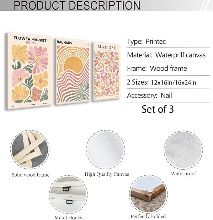 BingruiArt Boho Abstract Wall Art Yellow Canvas Flower Market Posters Set of 3 Bauhaus Pictures Matisse Print Floral Aesthetic Painting Decor for Dorm Living Room Bedroom 12"x16" Framed