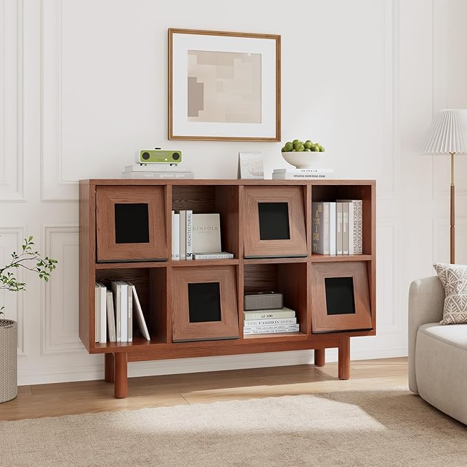 Solid Wood 8 Cube Storage Organizer, Horizontal Bookshelf with Storage, 2 Shelf Bookcase with Glass Doors TV Stand Bookshelf, Small Book Shelf for Kids Rooms, Bedroom, Living Room, Offices (47.2 Wide)