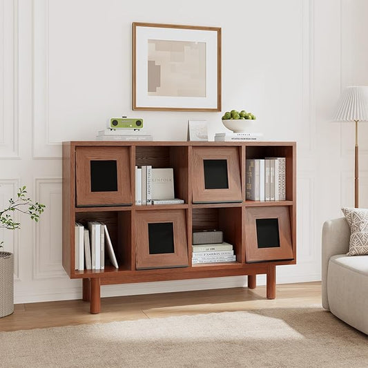 Solid Wood 8 Cube Storage Organizer, Horizontal Bookshelf with Storage, 2 Shelf Bookcase with Glass Doors TV Stand Bookshelf, Small Book Shelf for Kids Rooms, Bedroom, Living Room, Offices (47.2 Wide)