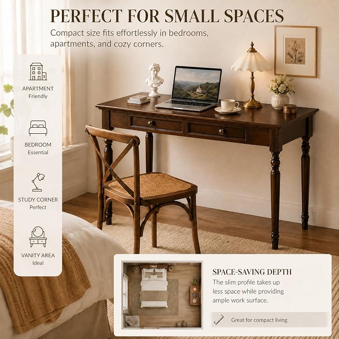 Solid Wood Desk with Drawers, Walnut Writing Desks, Small Computer Desk for Small Spaces, Gaming Study Home Office Desks for Work, Student PC Desk for Bedroom, Escritorios para Cuartos