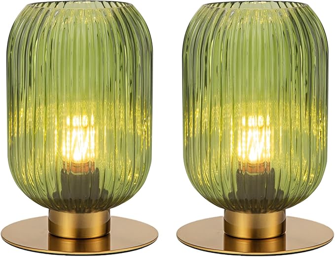 Bedside Table Lamps Set of 2, Small Glass Table Lamp Green Bedside Lamp with Brass Metal Base, Mid Century Table Lamp Gold Nightstand Lamp End Table Lamps for Bedroom Living Room Office