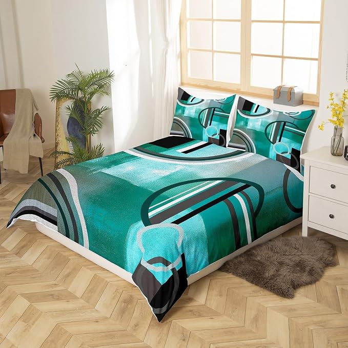 Modern Turquoise Decor Duvet Cover for Kids Teens Youth,Geometric Striped Comforter Cover Twin,Mid Century Bedding Set,Grunge Oil Painting Artwork Quilt Cover Soft Room Decor Bedspread Cover,Teal