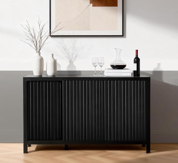 ZYBT Fluted Sideboard Buffet Cabinet with Storage, Modern Credenza Buffet Sideboards Bar Cabinet Console Table with Adjustable Shelves Slide Door for Living Room Hallway Kitchen Entryway (Black)