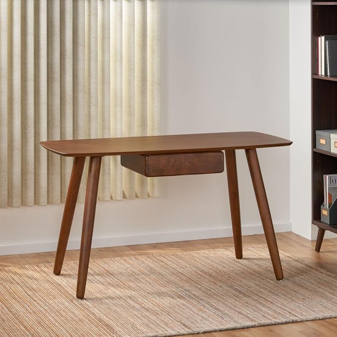 Hassyee Mid-Century Modern Style Writing Desk with Large Drawers, Computer Study Desk with Solid Rubberwood Legs for Home Office Workspace or Entryway (Walnut)