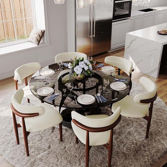 POVISON 59" Modern Round Dining Table, Glass Round Kitchen Table for 6, Tempered Glass Dining Room Table top with Black X Carbon Steel Base (Dining Table Only)