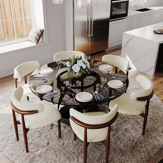POVISON 59" Modern Round Dining Table, Glass Round Kitchen Table for 6, Tempered Glass Dining Room Table top with Black X Carbon Steel Base (Dining Table Only)