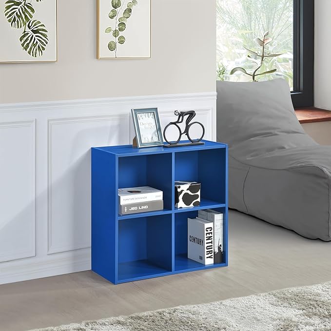 Kings Brand Furniture George 4-Cube Storage Organizer, 2-Tier Bookcase with Wood Shelves for Living Room, Bedroom, Nursery, or Home Office (Blue, 2-Pack)