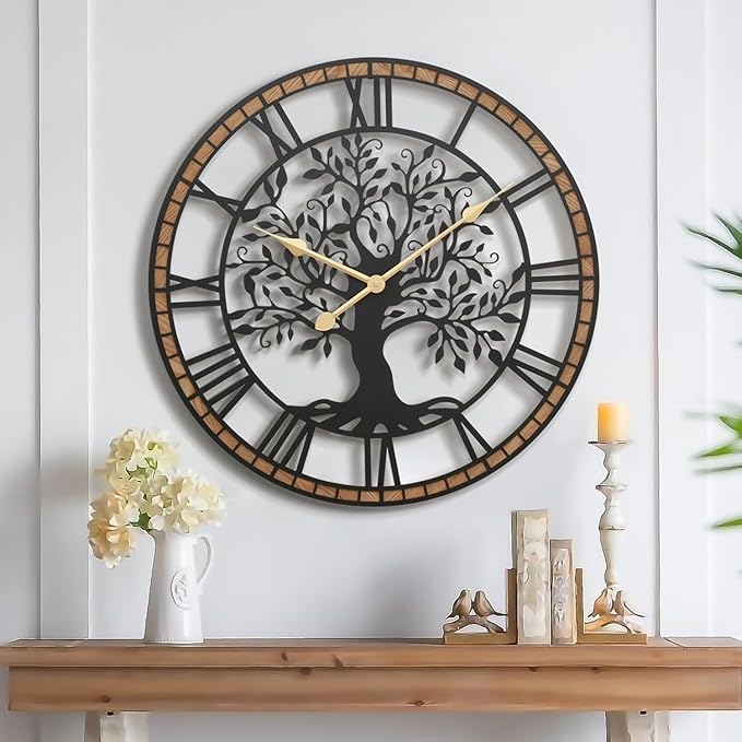 Micasso Vintage Large Wall Clock: 30Inch FarmhouseTree of Life Metal with Wood Frame - Rustic Battery Operated Wall Clocks for Office/Living Room/Bedroom/Kitchen - Home Decor for Housewife